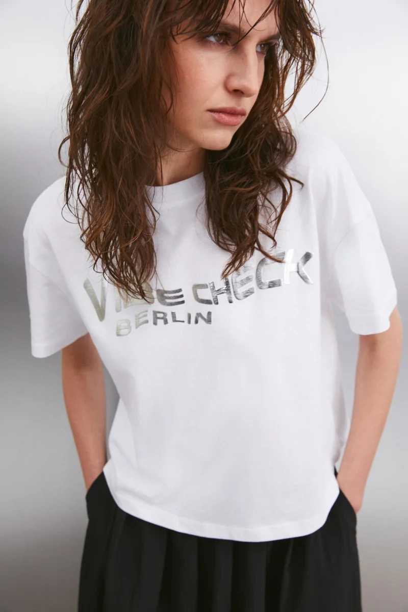 جريميلانج Tulip Women's Crew Neck Short Sleeve Silver Foil Printed White T-Shirt