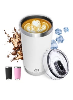 AMROAH 590ml Stainless Steel Coffee Travel Mug with Leakproof Lid Insulated, Portable Espresso Thermal Cup for Tea and Coffee, Reusable Vacuum Thermos Tumbler for Hot and Cold Drinks, White  - Image 1