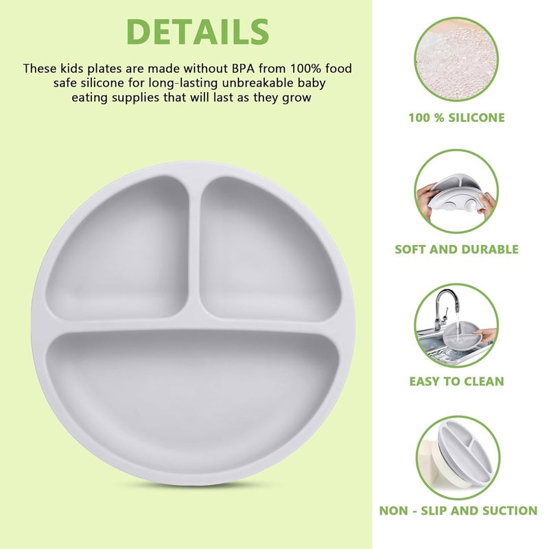 PEEPER Suction Plates for Baby & Toddlers - 100% Silicone Plate for Kids, Divided Design for Picky Eaters, Kids Plates for Food, Microwave & Dishwasher Friendly Baby Plates (Grey) - Image 2