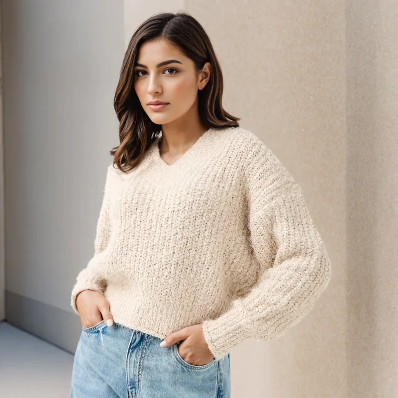 Textured V-neck Sweater with Long Sleeves