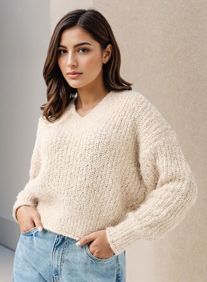 سبلاش فيڤ كنزة بياقة على شكل حرف  بنقوش وأكمام طويلة - Image 1