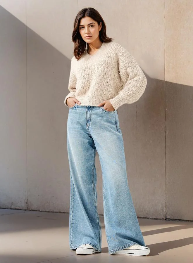 Splash FAV Textured V-neck Sweater with Long Sleeves