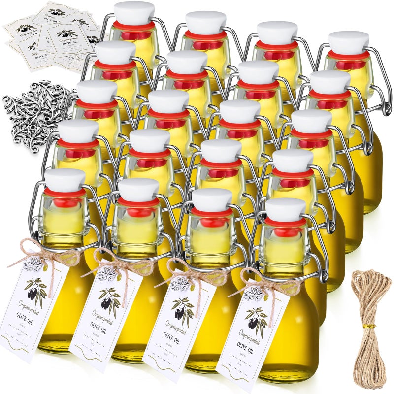 Skybooly 20 Sets Swing Top Glass Bottles with Tags and Twine Rope Airtight Glass Jar for Home Brewing Beverages Oil Homemade Wedding Baby Shower Party Favors Holiday DIY Craft(2oz,Olive) - Image 1