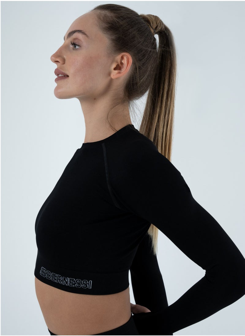 Bernessi - Turkiye Nylon Long Sleeve Crop Top with Round Neck Women's Cropped T Shirt for Workout Yoga Running Exercise Black Coal Color - Image 1
