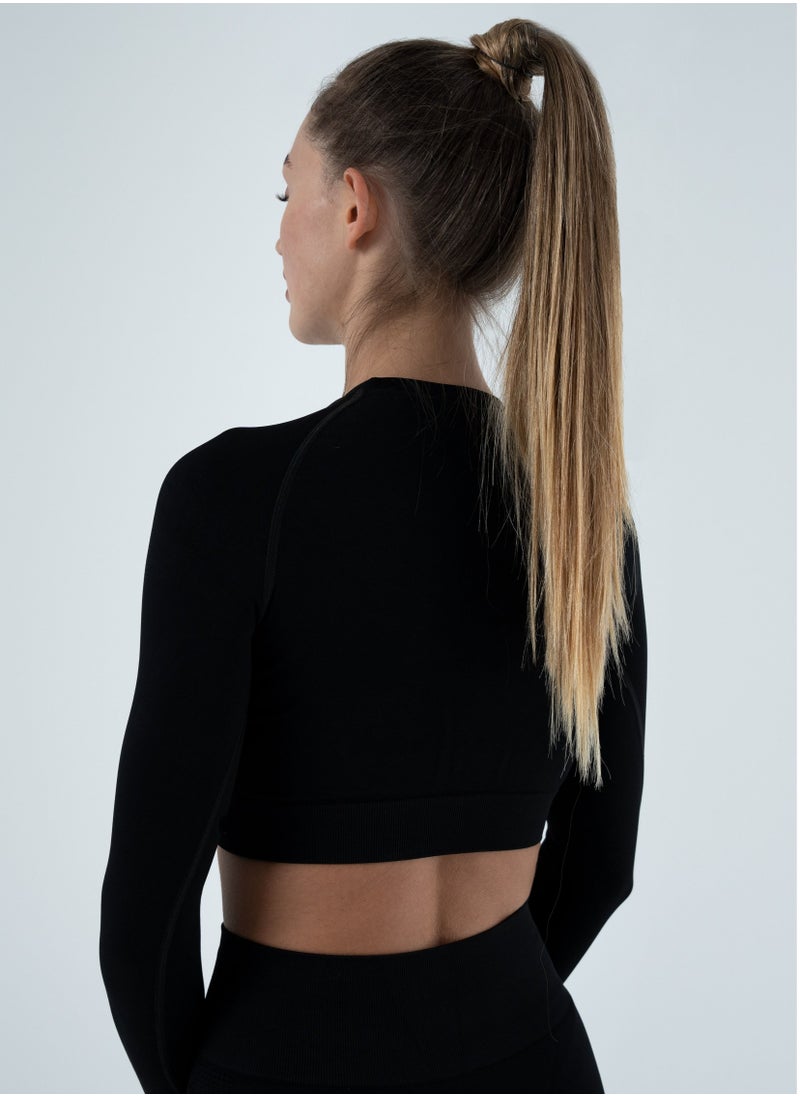 Bernessi - Turkiye Nylon Long Sleeve Crop Top with Round Neck Women's Cropped T Shirt for Workout Yoga Running Exercise Black Coal Color - Image 1