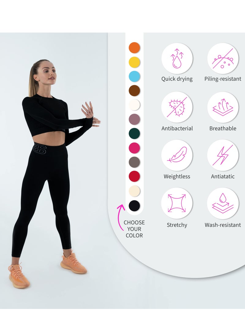 Bernessi - Turkiye Nylon Long Sleeve Crop Top with Round Neck Women's Cropped T Shirt for Workout Yoga Running Exercise Black Coal Color - Image 1
