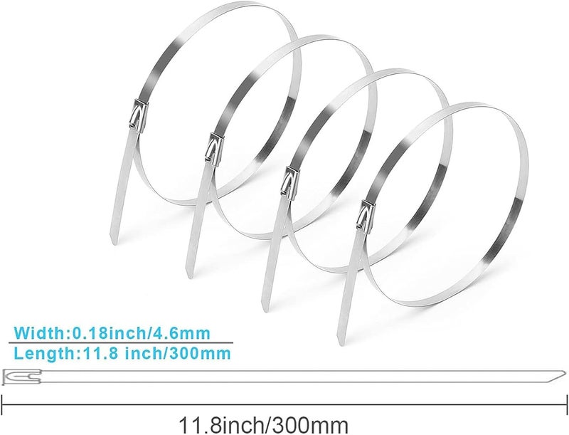 أكس سبرينج 100 قطعة من أربطة الكابلات المعدنية المصنوعة من الفولاذ المقاوم للصدأ، أربطة لف عادم متينة ذاتية القفل بطول 30 سم للسياج والأماكن الخارجية والمظلات - Image 5