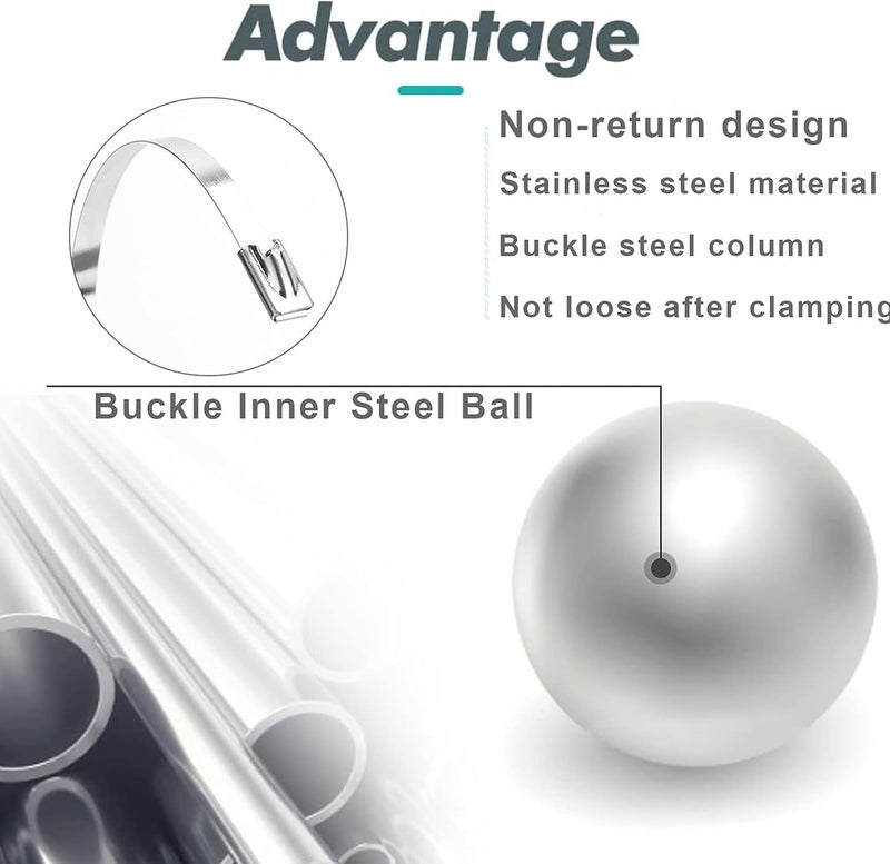 أكس سبرينج 100 قطعة من أربطة الكابلات المعدنية المصنوعة من الفولاذ المقاوم للصدأ، أربطة لف عادم متينة ذاتية القفل بطول 30 سم للسياج والأماكن الخارجية والمظلات - Image 2