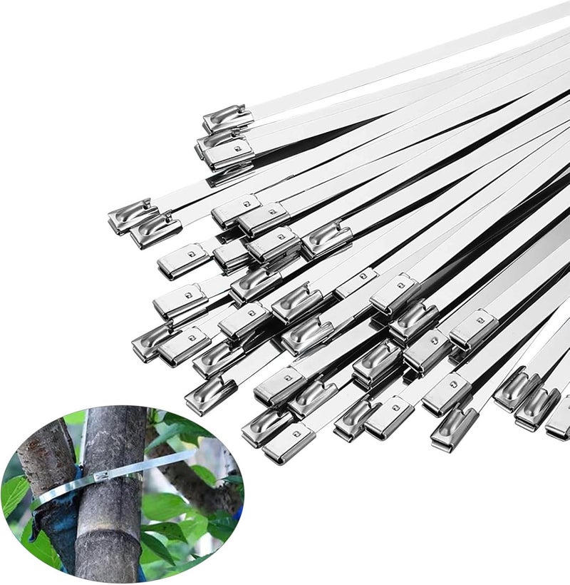 أكس سبرينج 100 قطعة من أربطة الكابلات المعدنية المصنوعة من الفولاذ المقاوم للصدأ، أربطة لف عادم متينة ذاتية القفل بطول 30 سم للسياج والأماكن الخارجية والمظلات - Image 1