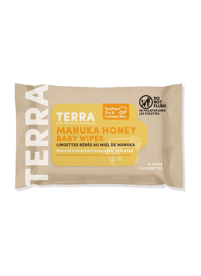 Terra Pack of 10 Bamboo Baby Wipes Pure New Zealand Water & Manuka Honey  Biodegradable Bamboo Fiber For Sensitive Skin And Keeps Skin Hydrated - Soothes Dry And Irritated Skin - 0+ Months  - Image 1