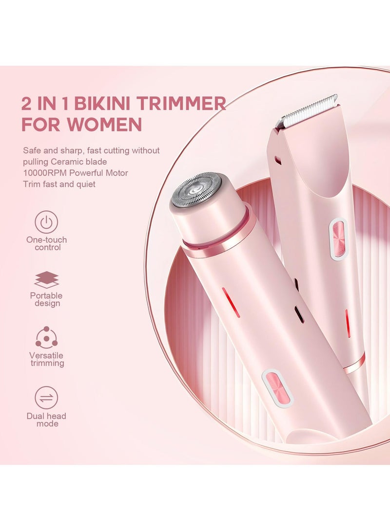 2-in-1 Shaver for Ladies, Bikini Trimmer for Women, Electric Razors for Women, Women's Electric Razor Shaver, Waterproof Wet Dry Hair Remover for Ladies, Pubic, Legs, Face, Underarms (Pink) - Image 2