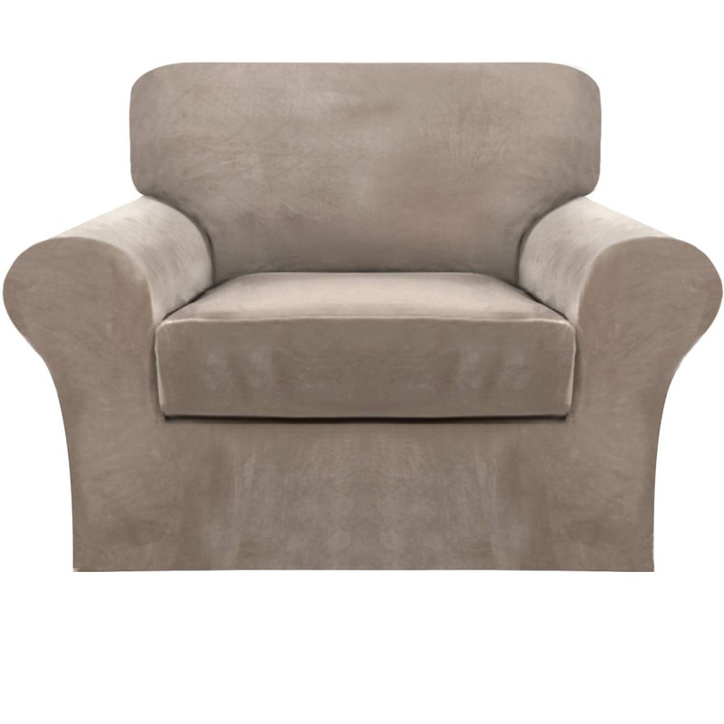 FantasDecor 2 Piece Chair Sofa Covers Velvet for Living Room Slipcovers with Individual Cushion Elastic Furniture Protector for Pets Machine Washable Armchair Taupe