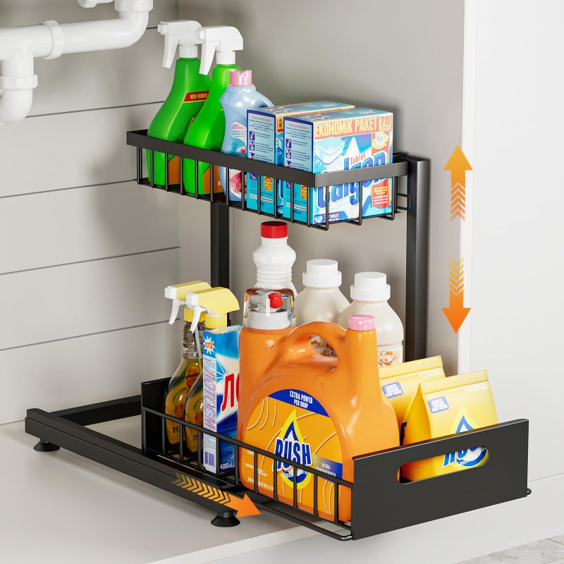 Saydear Under Sink Organizer Storage 2-Tier Premium Metal Pull-Out Kitchen Cabinet Organizer with Sliding Drawer, Height Adjustable, Heavy Duty for Kitchen & Bathroom Organizers 1 Pack Black - Image 1