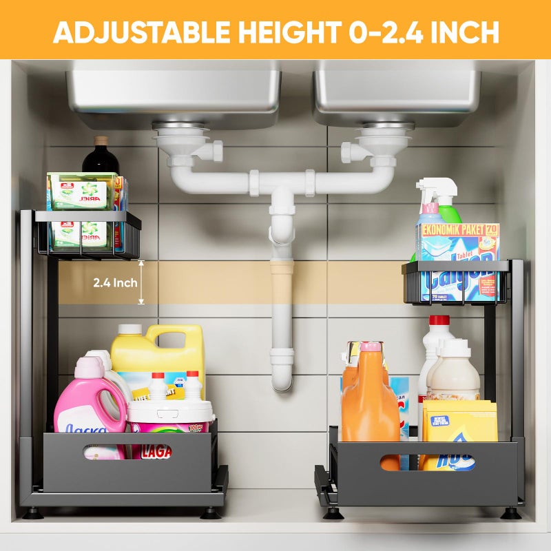 Saydear Under Sink Organizer Storage 2-Tier Premium Metal Pull-Out Kitchen Cabinet Organizer with Sliding Drawer, Height Adjustable, Heavy Duty for Kitchen & Bathroom Organizers 1 Pack Black - Image 2