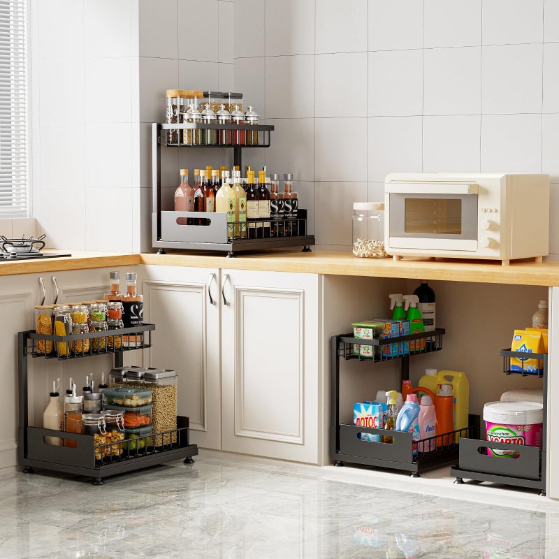 Saydear Under Sink Organizer Storage 2-Tier Premium Metal Pull-Out Kitchen Cabinet Organizer with Sliding Drawer, Height Adjustable, Heavy Duty for Kitchen & Bathroom Organizers 1 Pack Black - Image 4