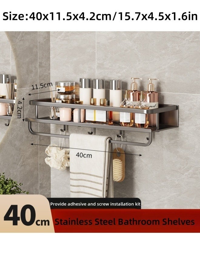 MLADEN Wall Mounted Bathroom Shelves with 4 Hooks and Towel Bar, No Drilling Bathroom Shower Caddy Rack, Stainless Steel Rustproof Bathroom Storage Organizer, Bathroom Shower Baskets for Bathroom and Kitchen,40cm  - Image 2