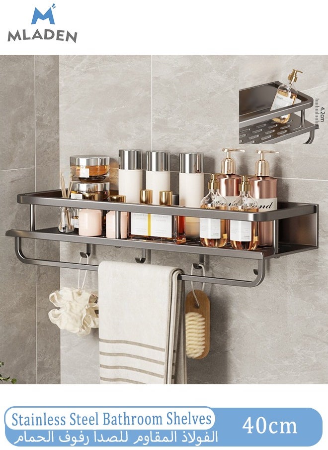 MLADEN Wall Mounted Bathroom Shelves with 4 Hooks and Towel Bar, No Drilling Bathroom Shower Caddy Rack, Stainless Steel Rustproof Bathroom Storage Organizer, Bathroom Shower Baskets for Bathroom and Kitchen,40cm  - Image 1