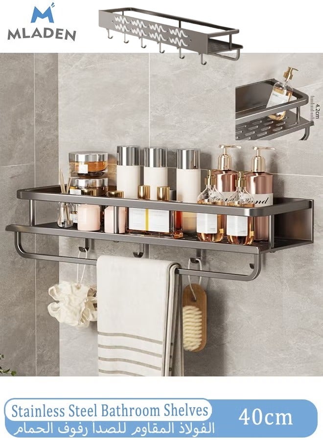 MLADEN Wall Mounted Bathroom Shelves with 4 Hooks and Towel Bar, No Drilling Bathroom Shower Caddy Rack, Stainless Steel Rustproof Bathroom Storage Organizer, Bathroom Shower Baskets for Bathroom and Kitchen,40cm - Image 1