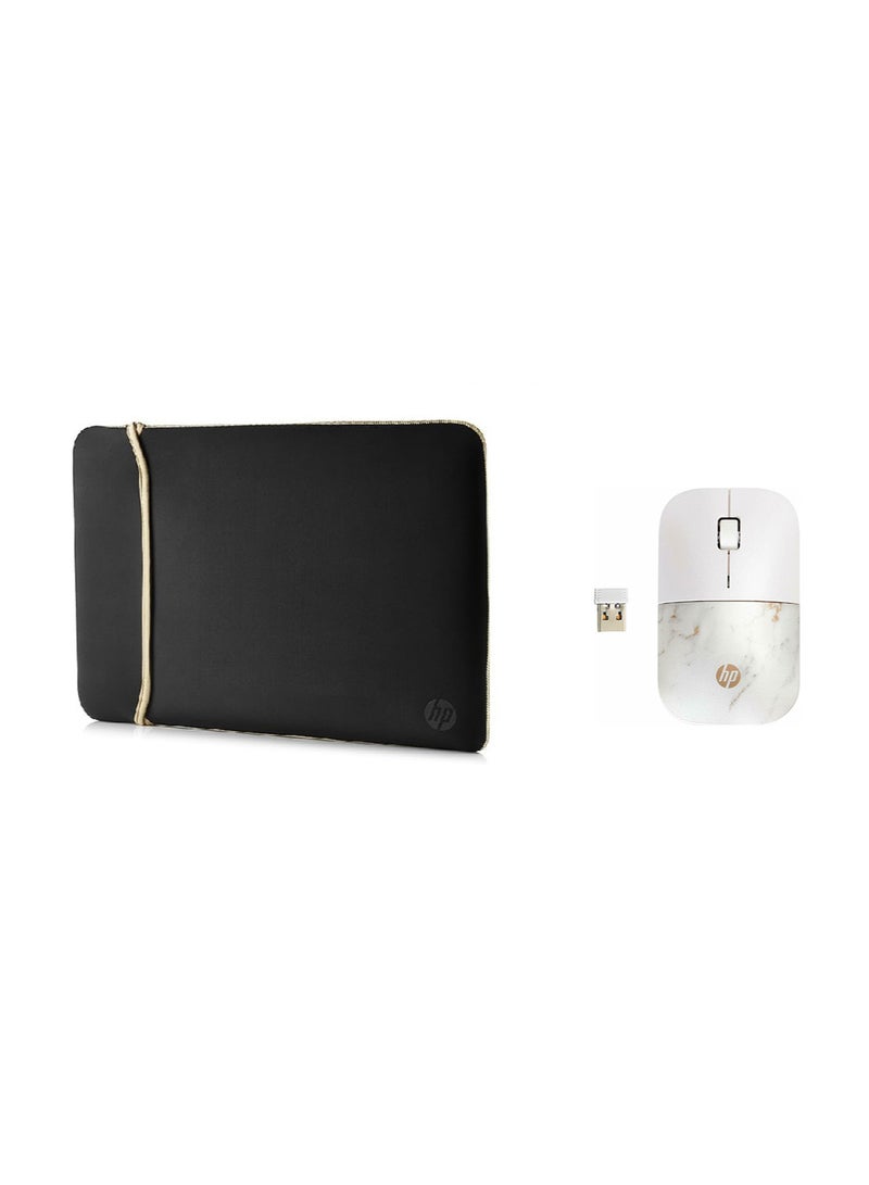 HP 2x1 Sleeve & Wireless Mouse Combo For Laptop, Includes 1pcs 14-Inch Reversible Neoprene (Black & Gold) and 1pcs Z3700 Wireless Mouse (Copper Marble) - Image 1