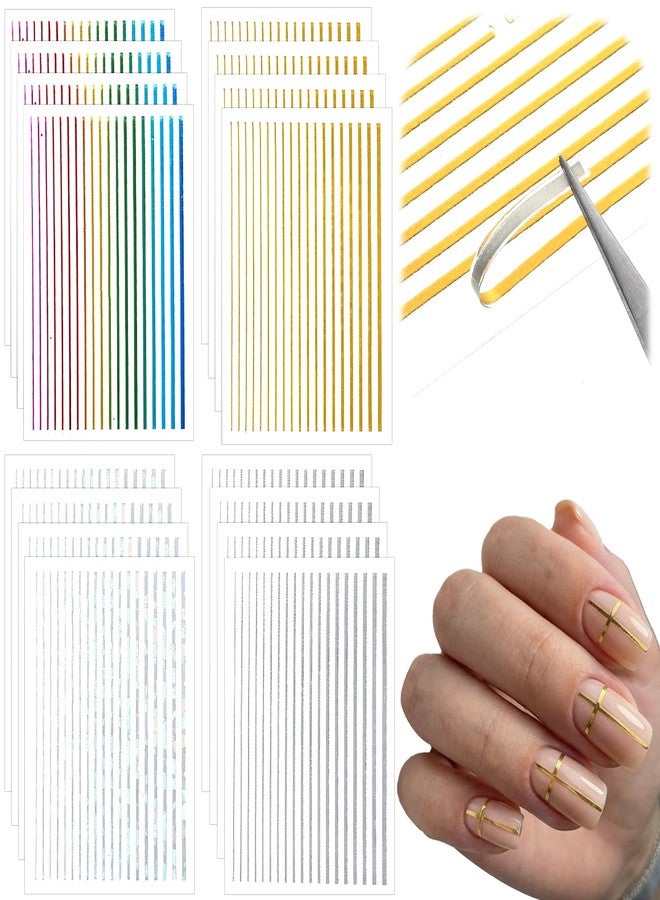 Yuanchu 16 Sheets Nail Sticker, French Line Stickers Gold Silver Multicolor Nails Striping Tape for DIY Nail Art Decals Manicure Designs - Image 1