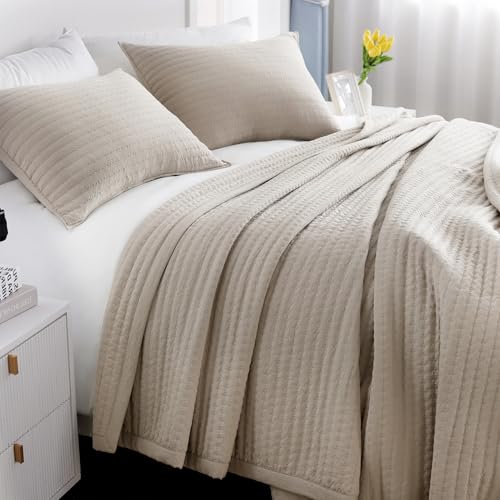 DAWNDIOR Oversized Queen Quilt Set–102"x106" Soft Washed 3-Layer Lightweight Bedspread with Multi-Lock Quilting,Minimalist Nordic Bedding,All-Season Quilt Set for Spring & Summer,(1 Quilt + 2 Shams), Oatmeal - Image 1