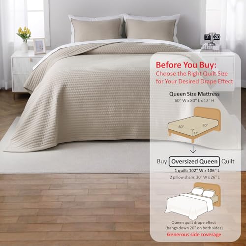 DAWNDIOR Oversized Queen Quilt Set–102"x106" Soft Washed 3-Layer Lightweight Bedspread with Multi-Lock Quilting,Minimalist Nordic Bedding,All-Season Quilt Set for Spring & Summer,(1 Quilt + 2 Shams), Oatmeal - Image 3