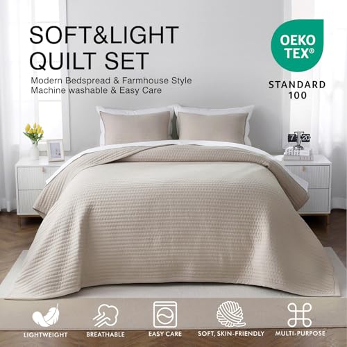 DAWNDIOR Oversized Queen Quilt Set–102"x106" Soft Washed 3-Layer Lightweight Bedspread with Multi-Lock Quilting,Minimalist Nordic Bedding,All-Season Quilt Set for Spring & Summer,(1 Quilt + 2 Shams), Oatmeal - Image 2