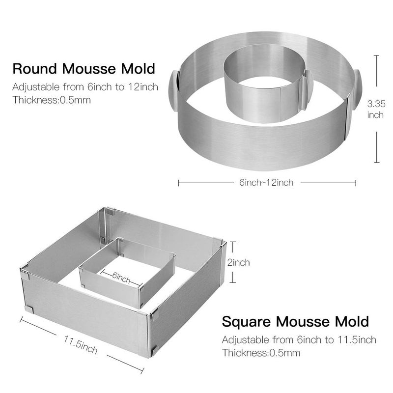 Meichu Adjustable Cake Ring 2 Pack  6 To 12 Inch Stainless Steel Mousse Cake Mold Ring With Scaling For Kitchen Diy Pastry  Square And Round - Image 2