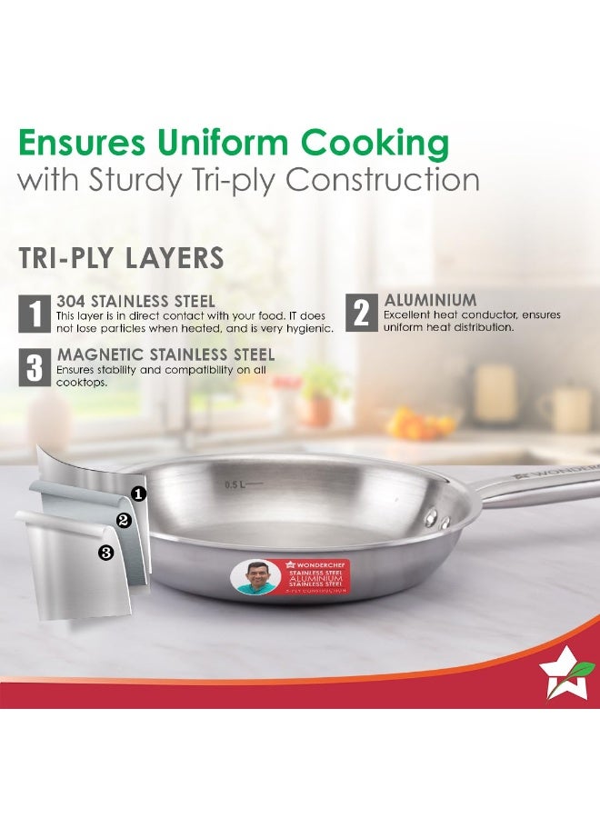 Wonderchef Stella Triply Stainless Steel Fry Pan | 20 cm, 1 litres | Compatible with Gas Stove, Induction, Ceramic Cooktop | Non-Toxic | Uniform Heating | Heavy-Duty Handle | 10-Year Warranty - Image 4