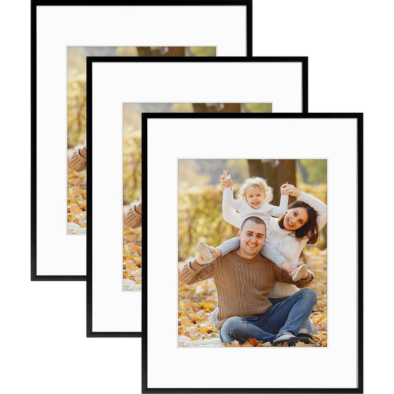 Mat Board Center 11x14 Aluminum Picture Frames Set of 3  Displays 8x10 Artwork with Mat  Black Frame with Real Glass Front  Perfect for Creating a Gallery Wall for Art Prints Posters