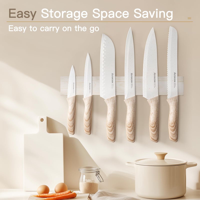 Astercook Knife Set, 13 Pieces Kitchen Knives Set with Ceramic Coating, Stainless Steel Chef Knife Sets with 6 Blade Guards, Dishwasher Safe Knives with Wooden Handle, White - Image 3