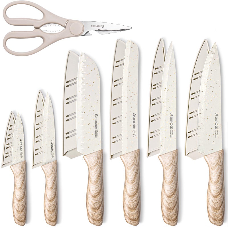 Astercook Knife Set, 13 Pieces Kitchen Knives Set with Ceramic Coating, Stainless Steel Chef Knife Sets with 6 Blade Guards, Dishwasher Safe Knives with Wooden Handle, White - Image 1