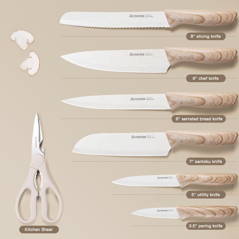 Astercook Knife Set, 13 Pieces Kitchen Knives Set with Ceramic Coating, Stainless Steel Chef Knife Sets with 6 Blade Guards, Dishwasher Safe Knives with Wooden Handle, White - Image 5