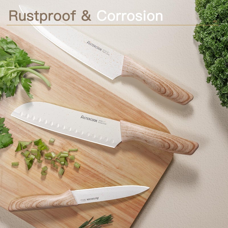 Astercook Knife Set, 13 Pieces Kitchen Knives Set with Ceramic Coating, Stainless Steel Chef Knife Sets with 6 Blade Guards, Dishwasher Safe Knives with Wooden Handle, White - Image 4