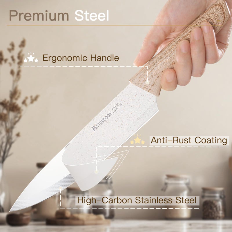 Astercook Knife Set, 13 Pieces Kitchen Knives Set with Ceramic Coating, Stainless Steel Chef Knife Sets with 6 Blade Guards, Dishwasher Safe Knives with Wooden Handle, White - Image 2