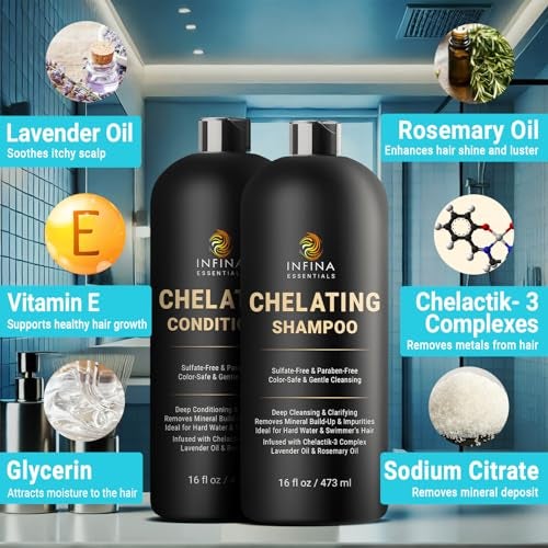 INFINA ESSENTIALS Chelating Clarifying Shampoo and Conditioner for Hard Water & Chlorine Removal | 16 fl oz | Sulfate Free Metal Detox Shampoo for Build Up | Deep Cleansing, Color Safe for Swimmers - Image 2