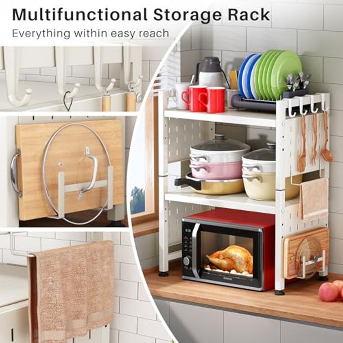 Kitstorack Microwave Stand, 3-Tier Expandable(17.4"-27.4") Microwave Oven Rack, Heavy Duty Adjustable Shelf with 9 hooks, Kitchen Organizer Storage Shelves for Pantry, Countertop, Coffee Bar, Office, Dorm, White - Image 5