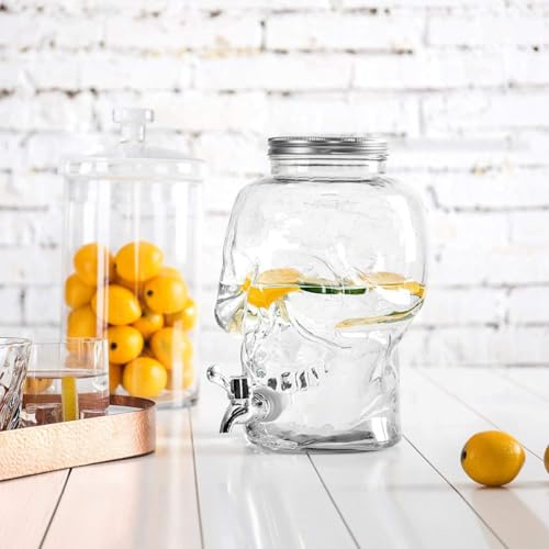 Wringo 4 Litre Skull Glass Iced Drink Dispenser Tap,Glass Lid – Cold Beverage Dispenser for Beer, Water, Cocktails, Detox Drinks & More, Perfect for Parties, Home & Events (WR-07) - Image 1