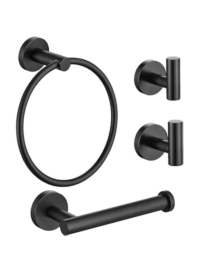 HOOKOR Bathroom Hardware Set,4 Piece Stainless Steel Bathroom Hardware Set Include Hand Towel Ring, Toilet Paper Holder,and 2 Robe Towel Hooks,Bathroom Hardware Accessories Set (Black)  - Image 1