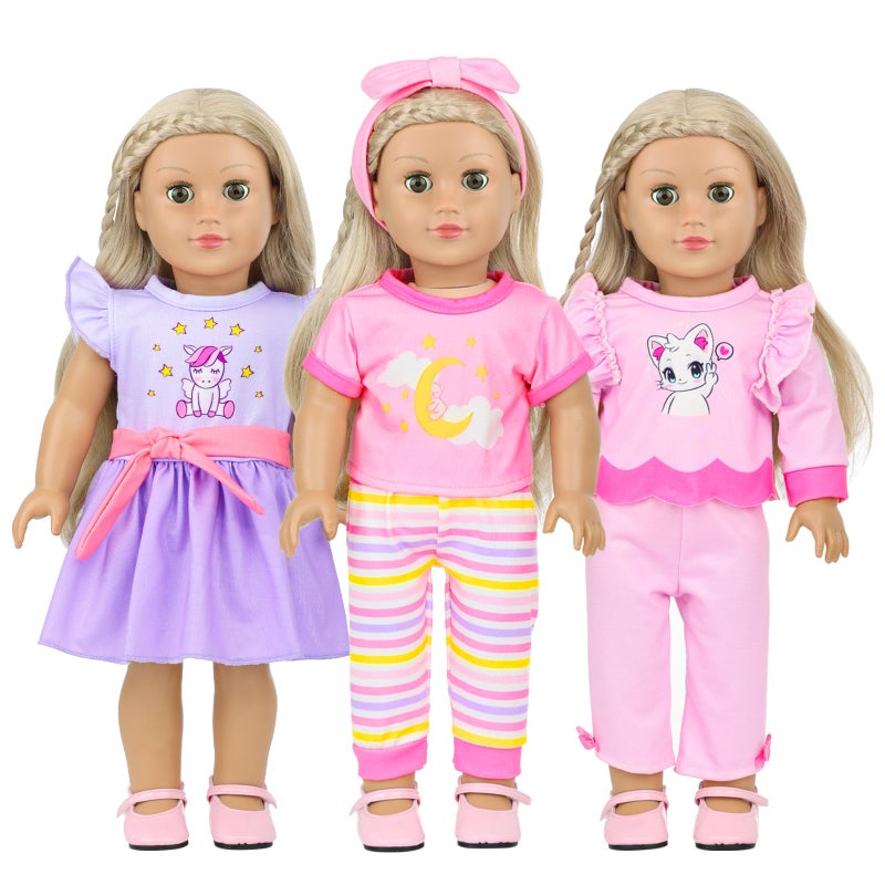 18INDC 3 Sets 14-18 Inch Baby Doll Clothes Outfit 6-Piece Set Bundle - Includes Baby Dolls Outfits Dress Headband Tops and Pants Pajamas for 43cm New Born Baby Dolls - Image 5