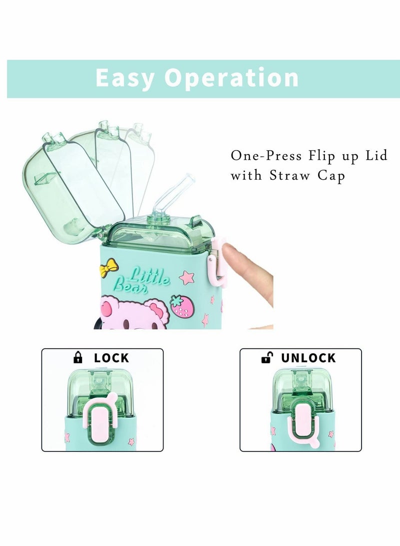 واي آند دي Water Bottles, Kids with Straw Cute Bottle, Lids Shoulder Strap, for School Girls Boys, Reusable Leak Proof Plastic Drink Sport Bottle juice Square Cups Travel Gifts, BPA Free (Bear) - Image 3