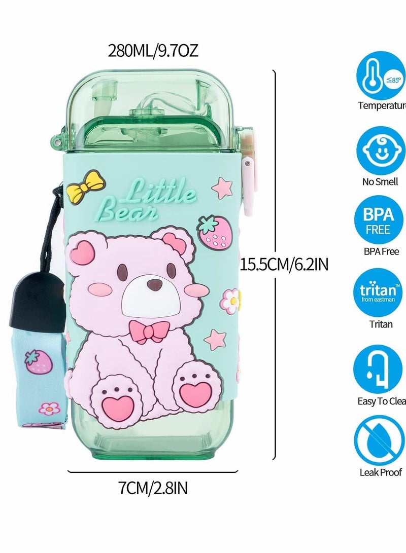 واي آند دي Water Bottles, Kids with Straw Cute Bottle, Lids Shoulder Strap, for School Girls Boys, Reusable Leak Proof Plastic Drink Sport Bottle juice Square Cups Travel Gifts, BPA Free (Bear) - Image 5