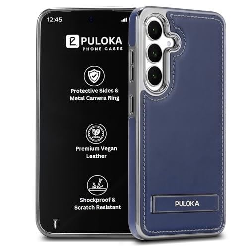 PULOKA Chrome Leather Back Case - Compatible with Samsung Galaxy S25 - Luxury Bumper Case - Flexible Vegan Leather - Electroplated Sides - Full Camera Protetection & Raised Edges - Blue - Image 1