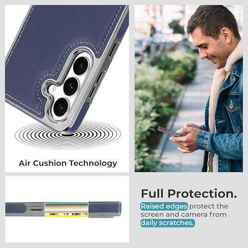 PULOKA Chrome Leather Back Case - Compatible with Samsung Galaxy S25 - Luxury Bumper Case - Flexible Vegan Leather - Electroplated Sides - Full Camera Protetection & Raised Edges - Blue - Image 4