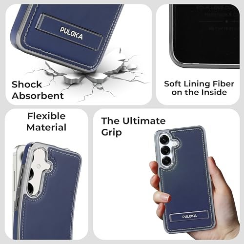 PULOKA Chrome Leather Back Case - Compatible with Samsung Galaxy S25 - Luxury Bumper Case - Flexible Vegan Leather - Electroplated Sides - Full Camera Protetection & Raised Edges - Blue - Image 3