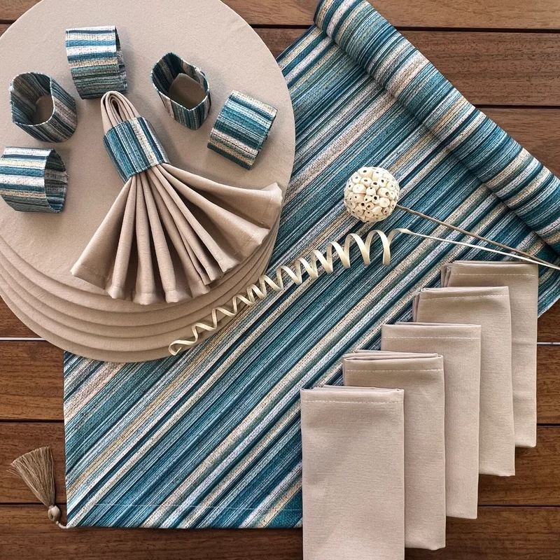 Desenİzmir PatternIzmir American Service Linen Effect Pattern Set 6 Underlay, 6 Fabric Napkins, 6 Napkin Rings and Runner Cover Combination 2