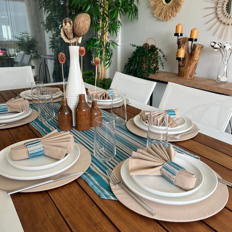Desenİzmir PatternIzmir American Service Linen Effect Pattern Set 6 Underlay, 6 Fabric Napkins, 6 Napkin Rings and Runner Cover Combination 2