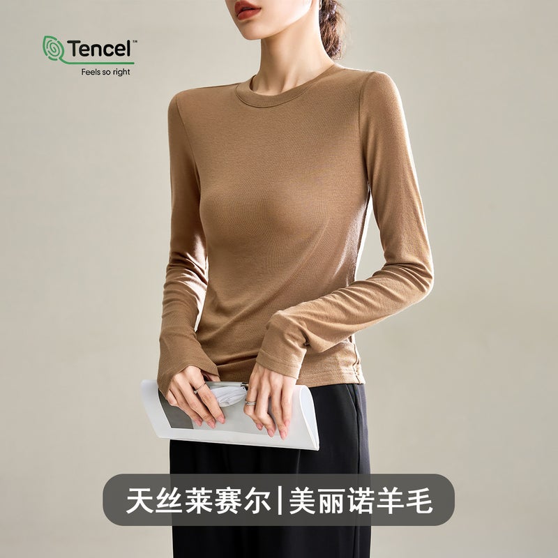 Wool Tencel Lyocell Fitted Round Neck Womens Tee for Summer Brown long sleeves 