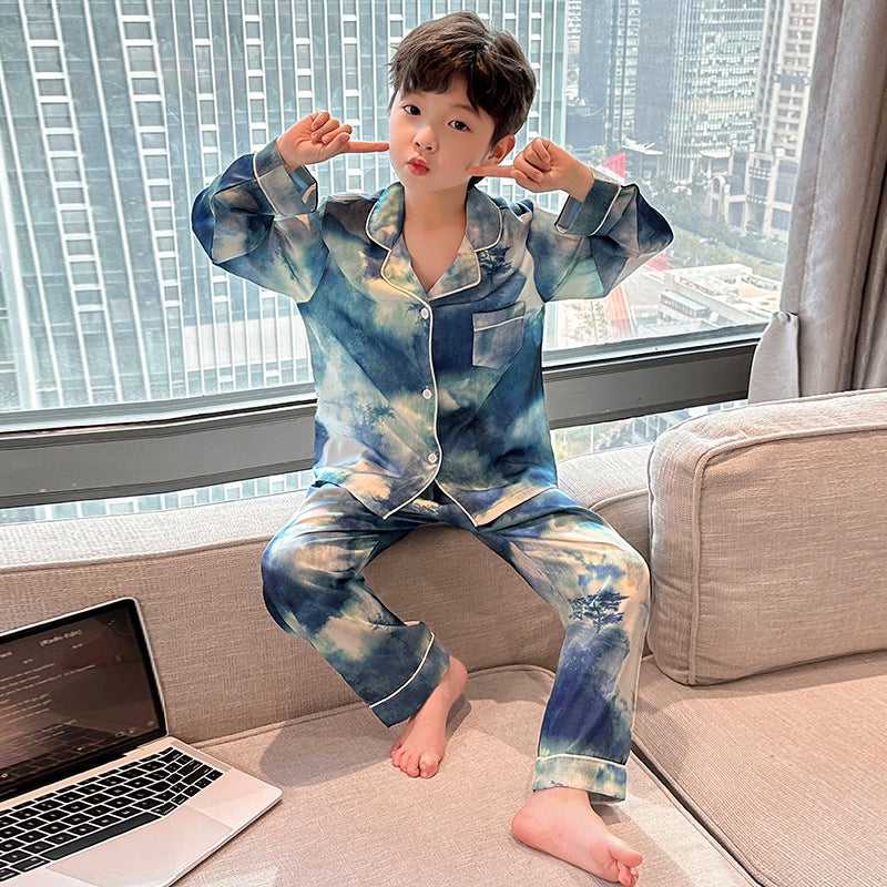 Boys Pajamas suit Spring and Summer 2025 New Ice Silk Long Sleeve Home Clothes for Large Children and Boys Thin Air-conditioning Clothes 411 Fairy Mountain Clouds 