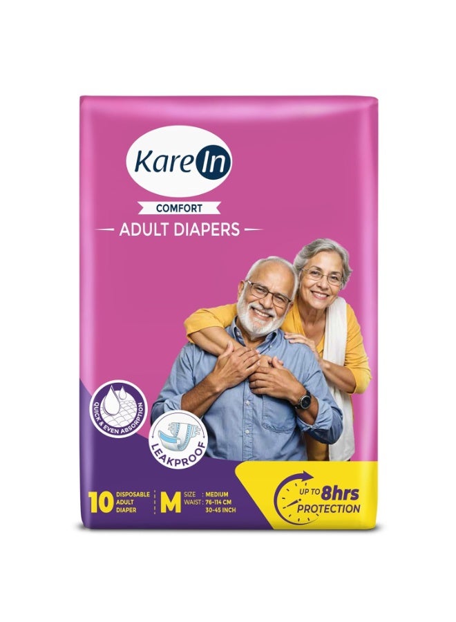 Karein Comfort Adult Diaper Tape M Size, Medium, Waist (75-100 cm 30"-40"), 10 Unit, Long Protection Hour, Unisex, Quick & Even Absorption, Anti-Bacterial, Leakproof, Odour Control, Wetness Indicator - Image 1